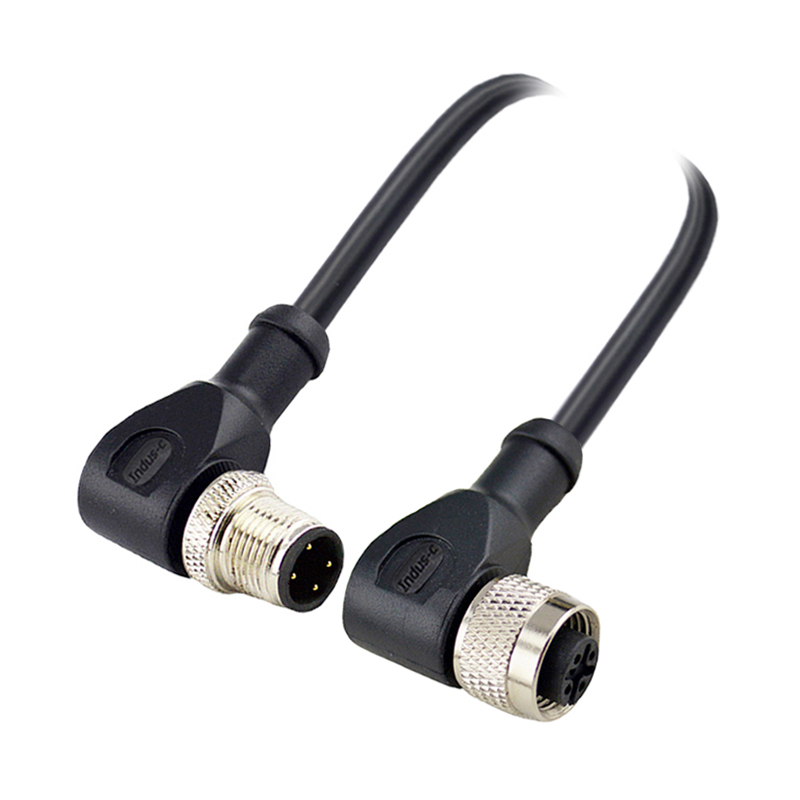 M12 4pins A code male right angle to female right angle molded cable,unshielded,PVC,-10°C~+80°C,22AWG 0.34mm²,brass with nickel plated screw